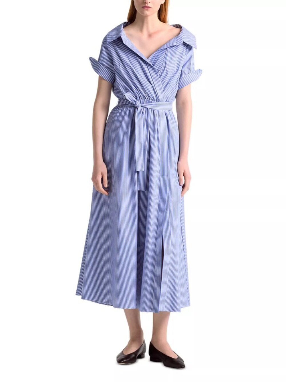 1395$ Altuzarra Lydia Striped Tie Waist Midi Dress Size 10 US Tidal Blue St